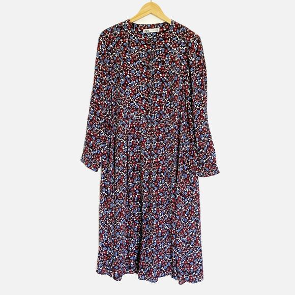 Zara Floral Button Long Sleeve Midi Swing Dress in Wine Red & Blue Medium - Picture 4 of 10